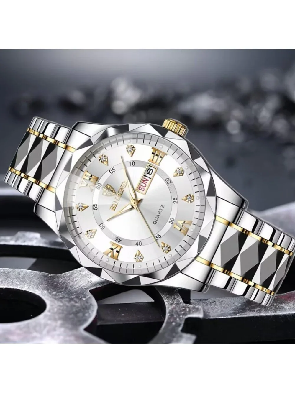 Unisex Silver White Analog Stainless Steel Roman Numeral Diamond Luxury Watch